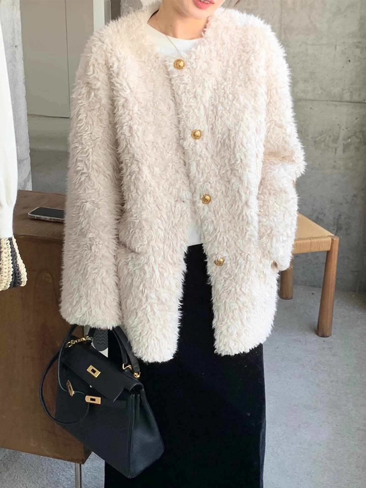 

Metallic Single-Button Lamb Velvet Cotton Jaet Women's Loose Fit Winter New Sle Versatile Korean Version Long Sve Coat