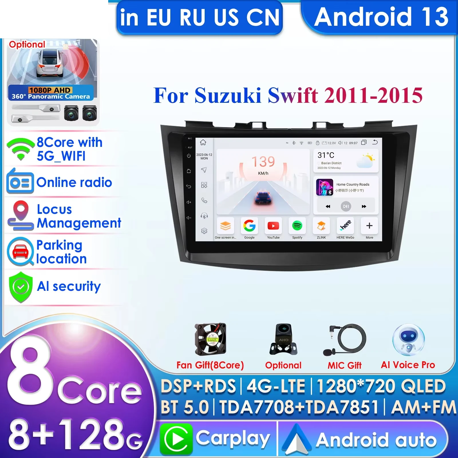 

1280*720 For Suzuki Swift 2011-2015 Carplay 2 Din Android 13 Car Radio Multimidia Video Player GPS Navigation Head Unit Stereo