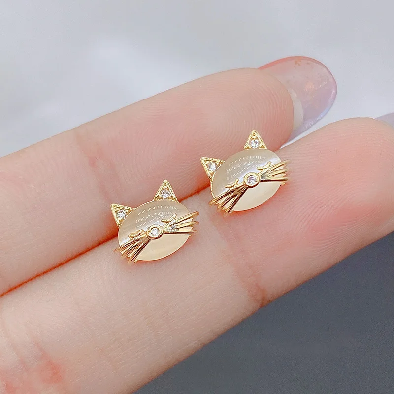 Fashion Crystal Opal Cute Cat Stud Earrings For Women Girls Handmade Party Wedding Fashion Jewelry Gifts eh065