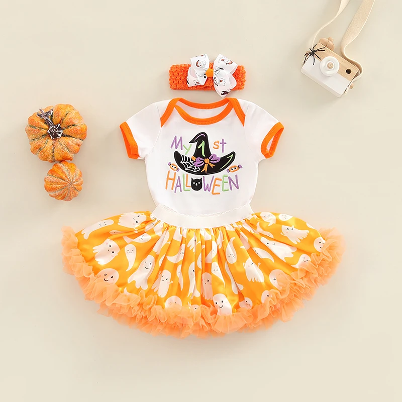 

3 Pcs Baby Boys Outfit Set Halloween Theme Embroidered Bodysuit Spooky Ghost Print Bubble Skirt Witch Hat Headband for