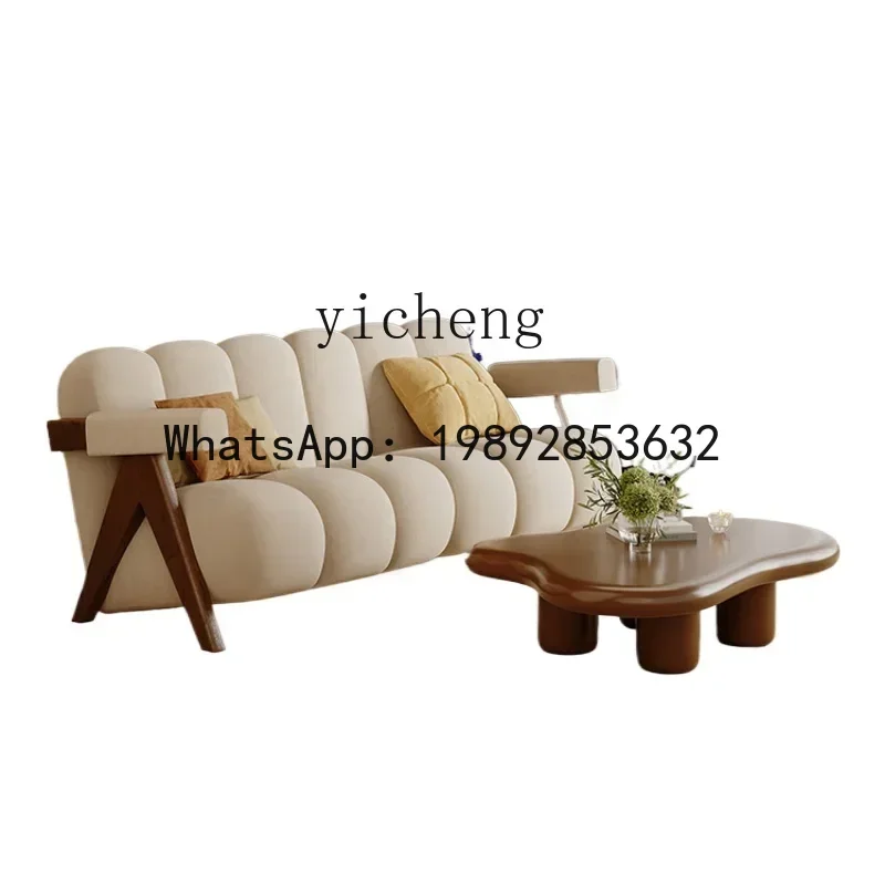 LYY  Retro Living Room Sofa Small Apartment Straight Row Double Sofa Solid Wood Cream Style