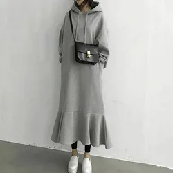 Loose Ruffle Fleece Warm Sweatshirts Female Fashion Long Sleeve Chic Solid Hooded Midi Dresses Spring Women Korean Hoodie Dress
