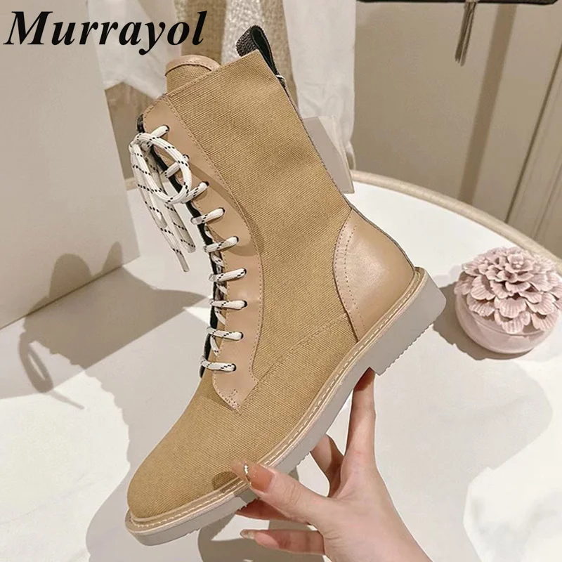 

Round Toe Canvas Splicing Lace-up Flat Ankle Botas Women British Style Short Boots Autumn Winter Riding Boots Motorcycle Boots