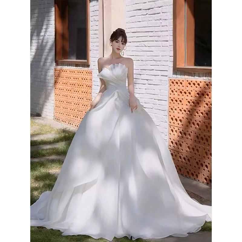 Strapless Wedding Dress 2023 New Simple Summer Silky Organza Bridal Dress Pregnant Women Vestido De Noiva Plus Size Made Custom