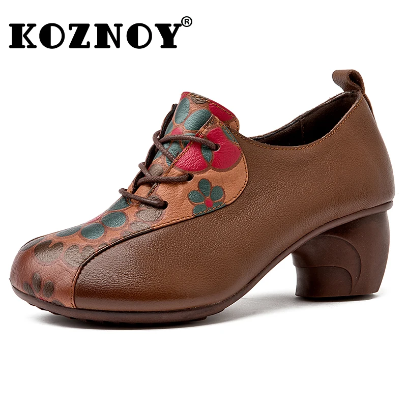 

Koznoy 5CM Natural Cow Genuine Leather Chunky Heels Pumps Women Shoes Embossed Print Summer Print Autumn Spring Ethnic Females