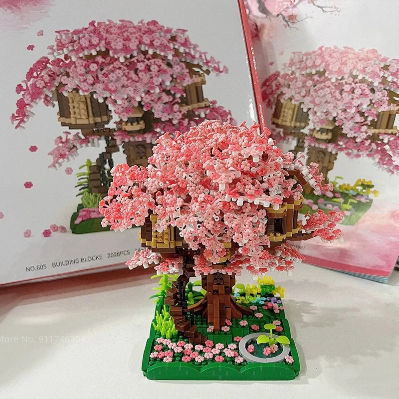 

3D строительный блок Mirco Sakura Flower Treehouse, креативный уличный вид, вишневый цвет, декор «сделай сам», кирпичи, подарок на день Святого Валентина, игрушки