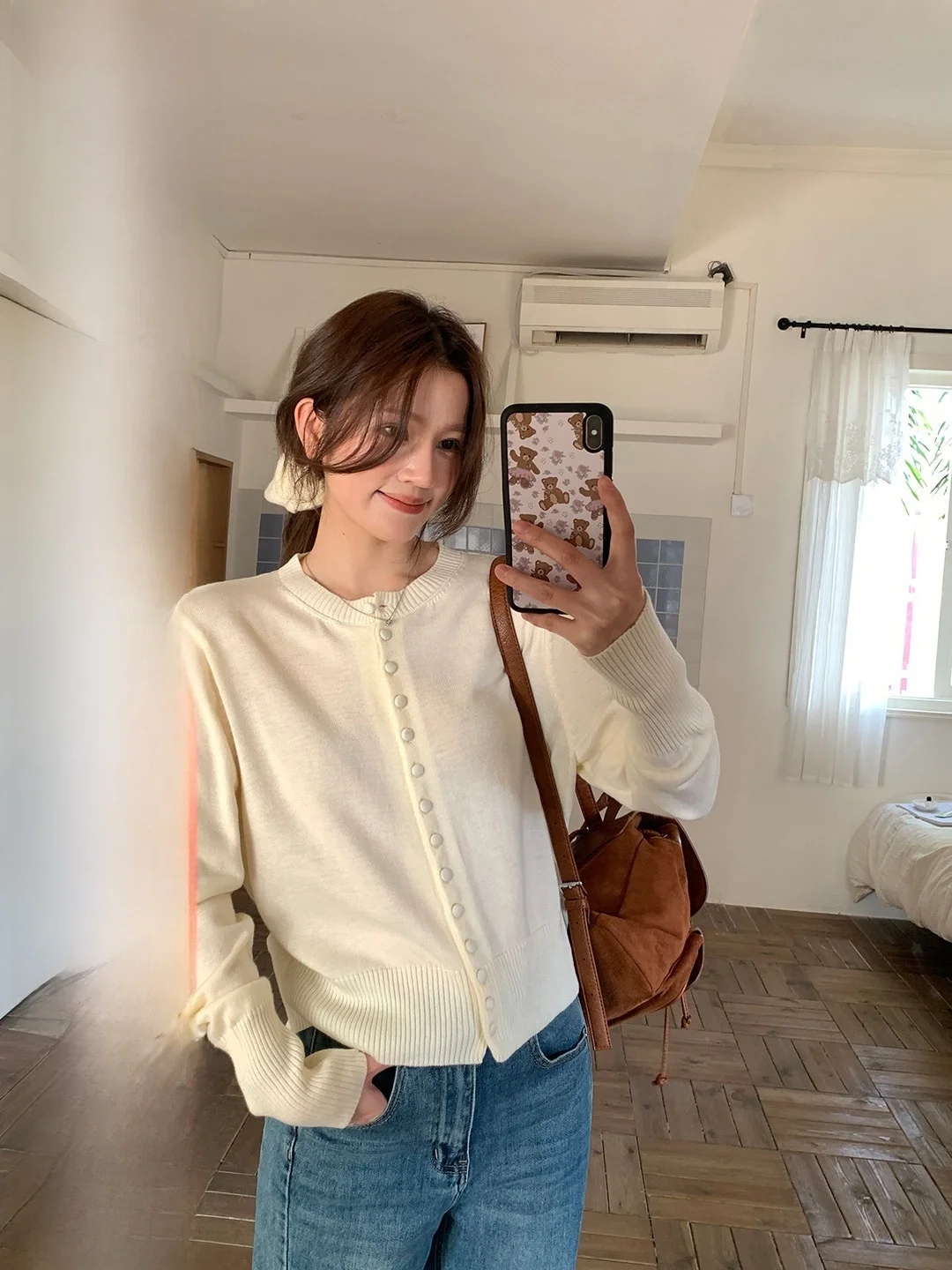 

Korean Sle Pure Color Knitted Open Cardigan Women's Spring Commute Slimming Top Soft Loose Fit Long Sve round Ne