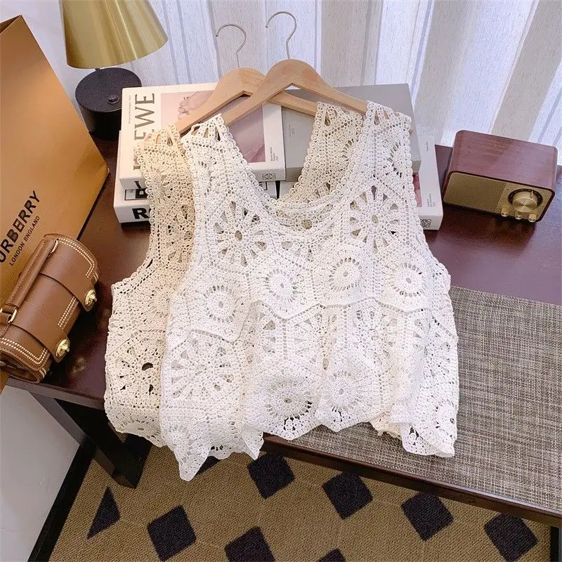 Slip Skirt Over Cardigan Sleeveless Top Crochet Cut-out Knit Sweater Round Neck Vest Outside Tank Top