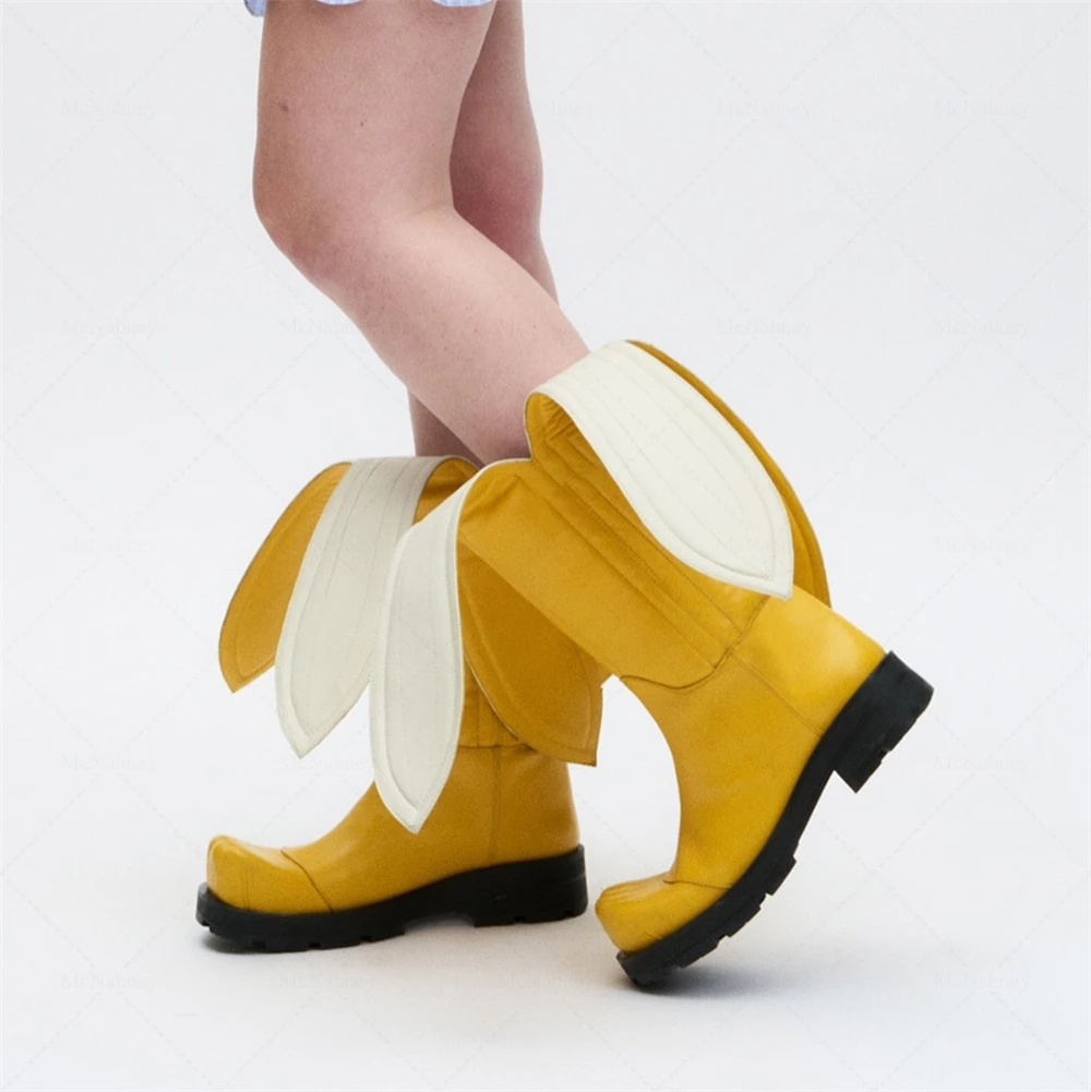 

Banana Peel Platform Mid Calf Boots Square Toe Novelty Men Shoes Lug Sole Spring Autumn Fashion Cat Paw Shape Shoes Multicolor