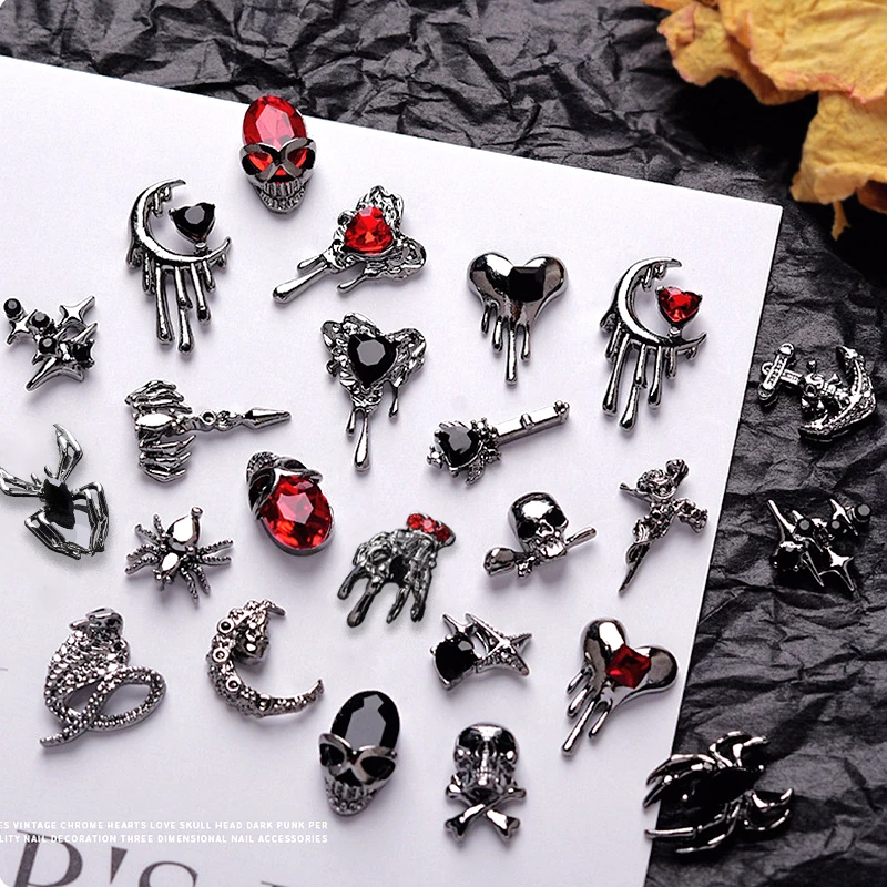 10PCS Gothic Punk Style Alloy 3D Nail Art Charms Heart Skeleton Cross Spider Design For Halloween Nails Decoration Accessories