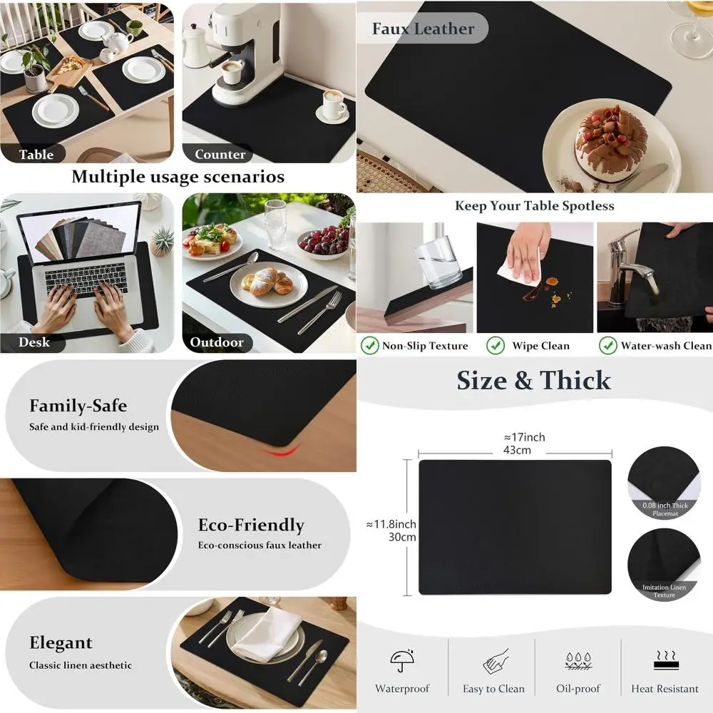 

Set of 12 Reversible PU Leather Placemats - Waterproof, Stain-Resistant, Non-Slip for Kitchen & Dining (Black, 11.8 x 17)