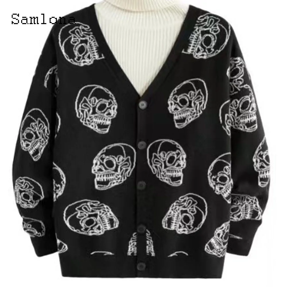 プラスサイズメンズカジュアルレトロニットセーター 2025 ハロウィンゴシックファッションスカルプリントトップカーディガンメンズノーカラーセーター新