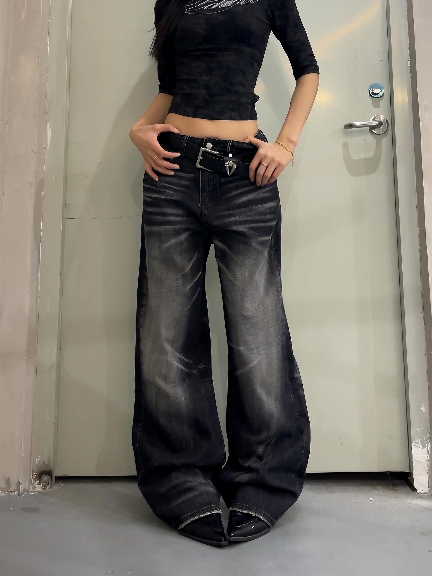 

Doubled American Retro Heavyweight Washed Straight Black Jeans Loose Floor-Length Pants for Men And Women