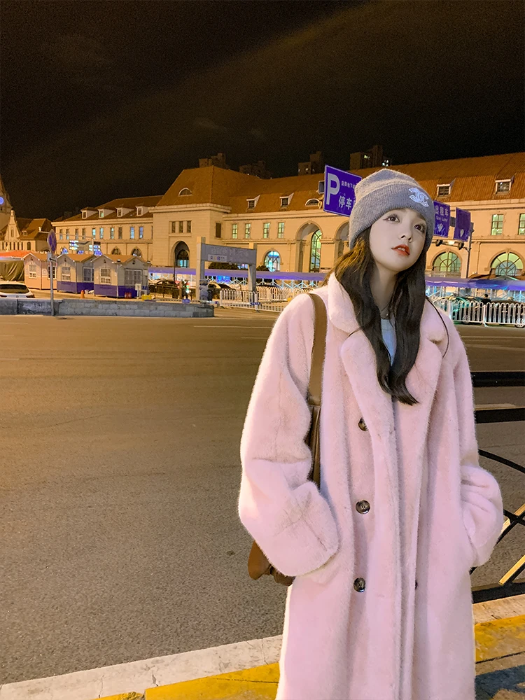 Eco-friendly 2025 Winter thickened long suit collar faux mink fur one-piece fur coat for women