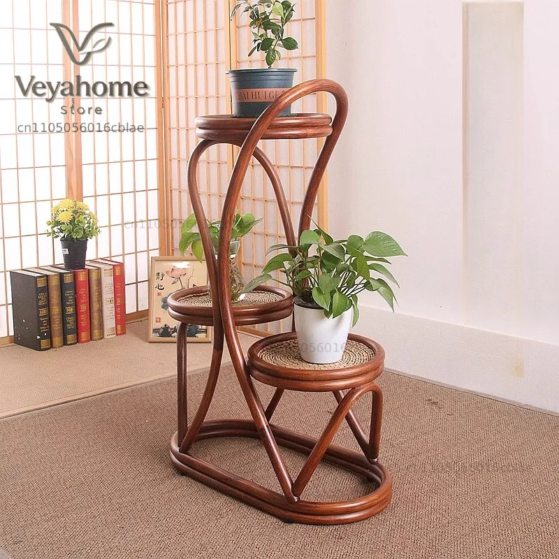 Rattan Floor Plant Stand Multi-Tier Indoor/Outdoor Shelf for Balcony & Living Room Boho Woven Flower Holder with Storage