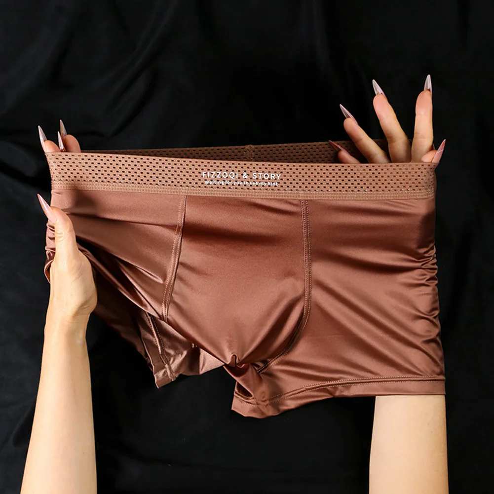 1pc Men Satin-like Ice Silk Boxers Smooth Panties Hollow Out Waistband Underpants Breathable Solid Color Underwear Trunk