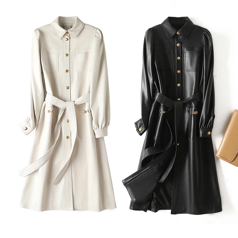 Black/White Long Trench Coat Autumn Winter Women Genuine Leather Sheepkin Shirt Dress Jacket Pocekt Belt Slim Manteau Femme