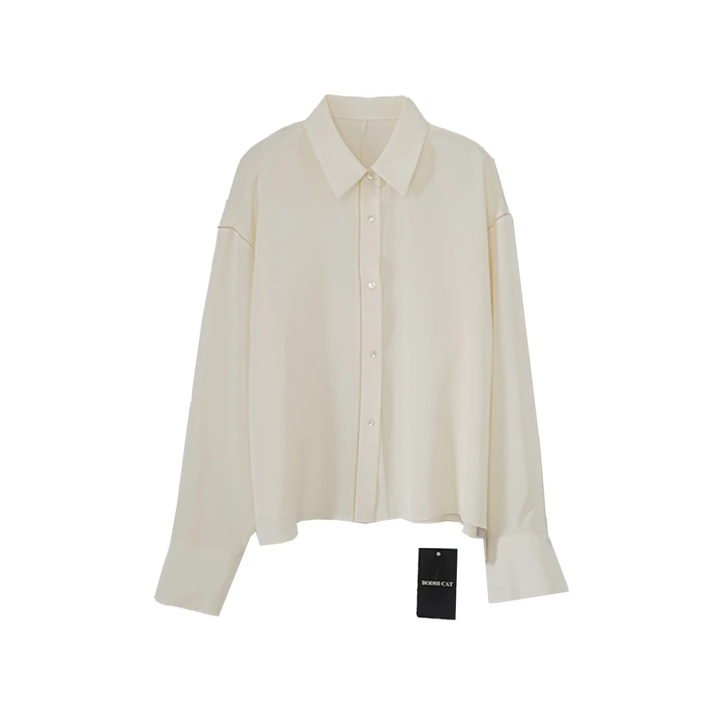 

Шелковая повседневная белая рубашка без воротника с длинными рукавами BodhlCat, женская, свободного кроя, удобная для поездок на работу, комфортная, приятная для кожи.