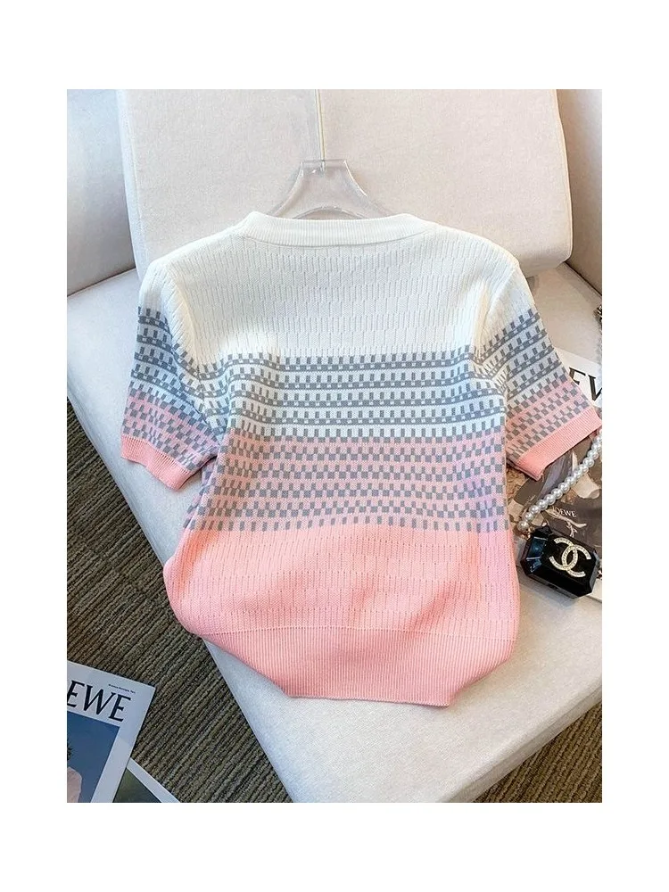 

Retro Sle Color Blo ort Sve round Ne Knitted Sweater Women's Slim Fit oulder Top Summer New Arrival Polyester Fiber