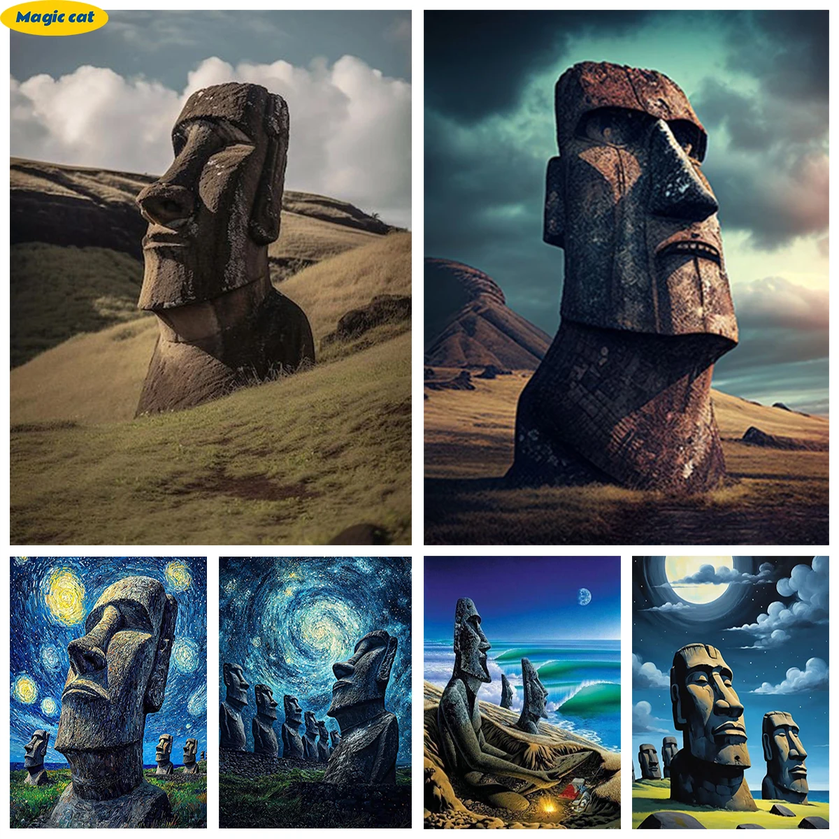 

Easter Island Statues 5D Diamond Art Painting Moai Pattern DIY Diamond Embroidery Giant Stone Statue Room Decor Handicraft