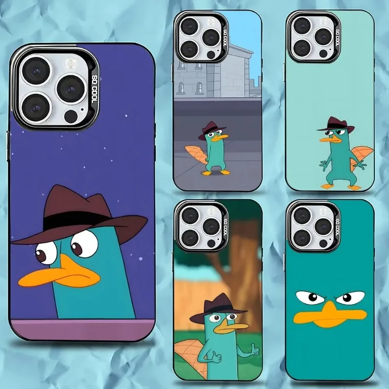 حافظة هاتف كارتون بيري The Platypus لهاتف آيفون 17,16,15,14,13,12,11,Pro,Max,Plus,Anti Fall Black Matte Hard Bumper