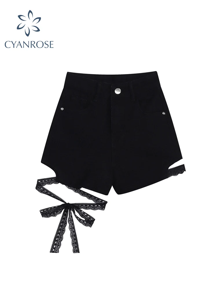 

Sexy Slim Summer Women Denim Shorts 2022 New Gothic Black High Waist Short Jeans Y2K Streetwear Female Lace Up Bandage Hot Pants