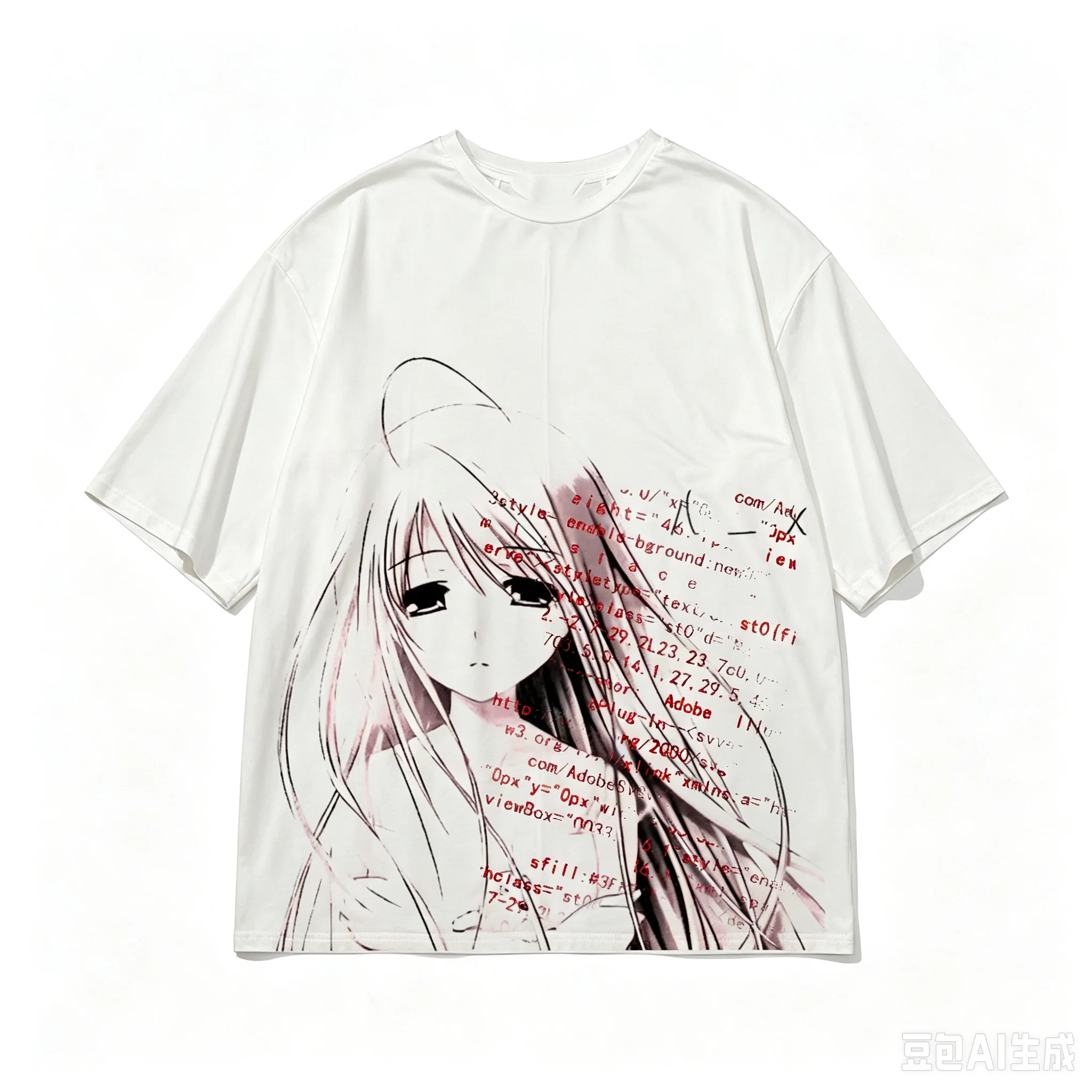 Übergroßes Grafik-T-Shirt mit traurigem Anime-Mädchen-Motiv für Männer und Frauen, Code Glitch Manga-Print, Y2k Grunge Harajuku Streetwear, Baumwolle, lässige Alltags-Oberteile – Detail 2