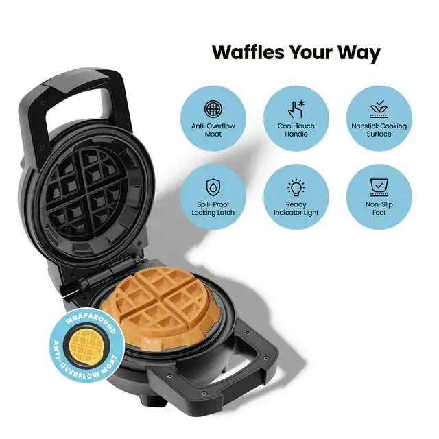 Belgian Stuffed Waffle Maker, 5” Diameter non-stick plate, Locking Lid, Stainless Steel