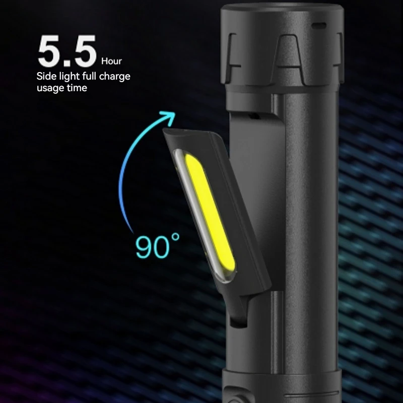 USB ชาร์จไฟฉาย LED Zoomable EDC ไฟฉาย COB ด้านข้างทํางานโคมไฟกันน้ําไฟฉุกเฉินกลางแจ้ง