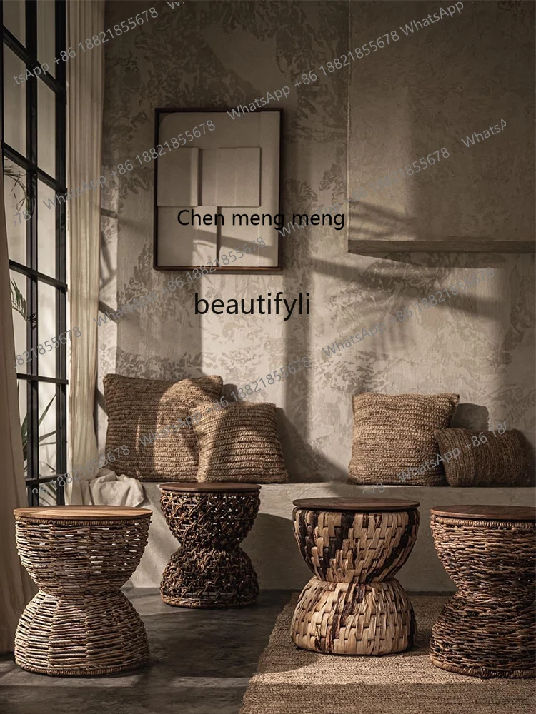 X المستوردة المنسوجة يدويا الروطان مقعد صغير القديم خشب الساج خشب متين الطعام البراز طاولة القهوة الصغيرة مقعد مستدير نمط جنوب شرق آسيا