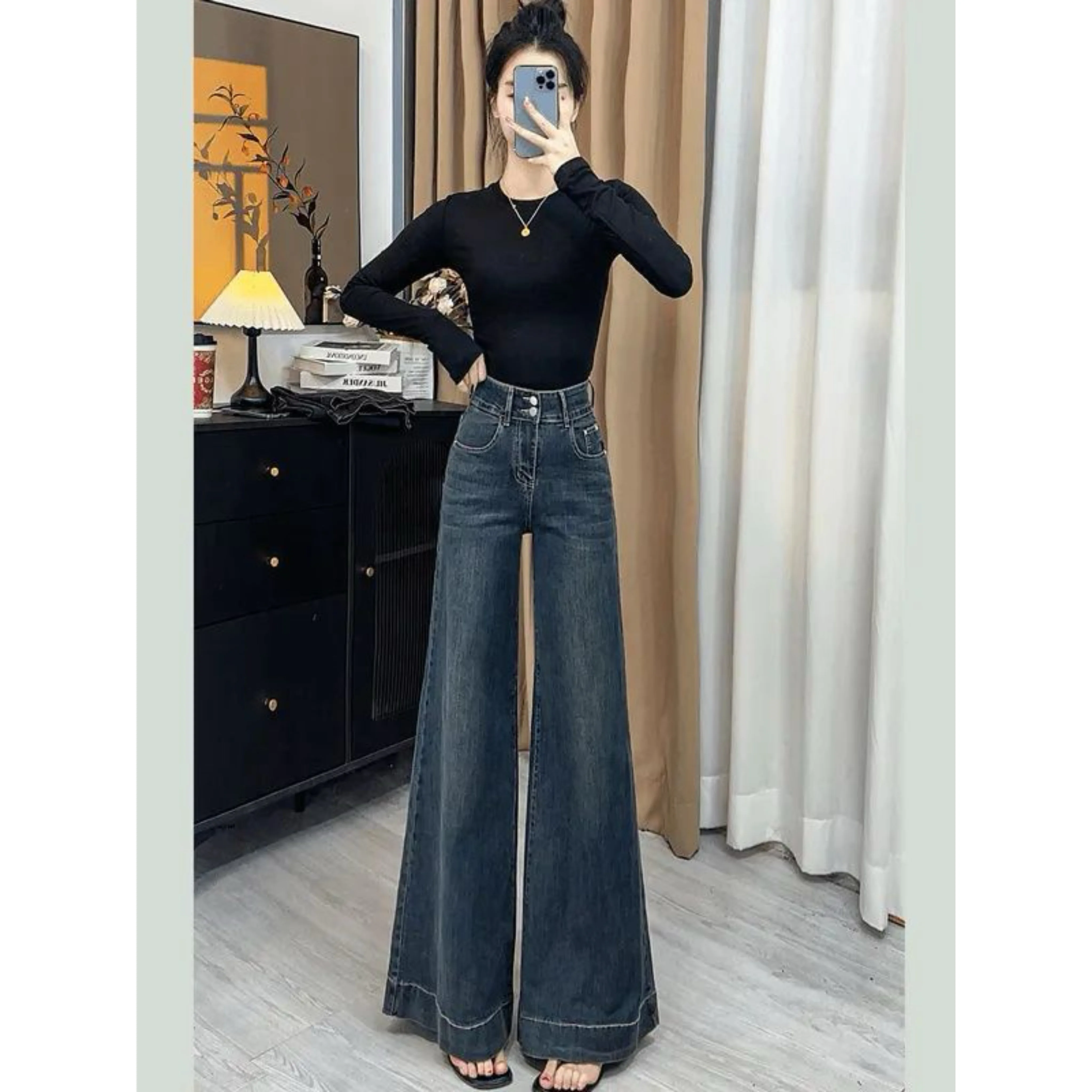 Celana Jeans Wanita Premium Gaya Vintage Korea yang Elegan dan Chic, Model Longgar, Pinggang Tinggi, Slim Fit, Lurus, dan Melebar hingga Lantai untuk Musim Gugur