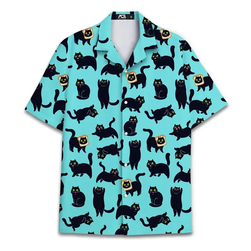 Men's Hawaiian Shirt Cute Cat Head Animal Print Casual Short Sleeve Button Down Summer Beach Vacation Outfit Tops Men Clothes