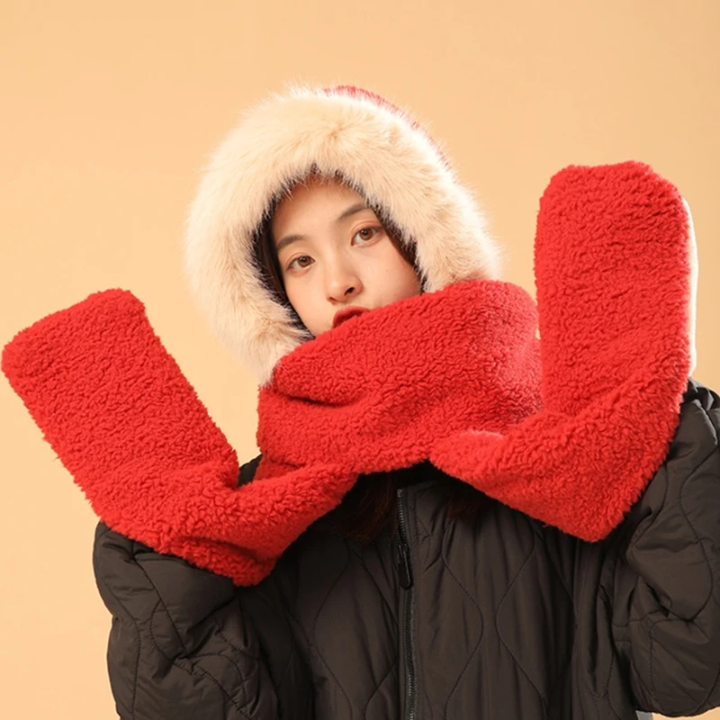 Piece หมวกฤดูหนาวหมวกผ้าพันคอถุงมือชุด Pom Poms หมวกผ้าพันคอ Plush Hooded หมวก