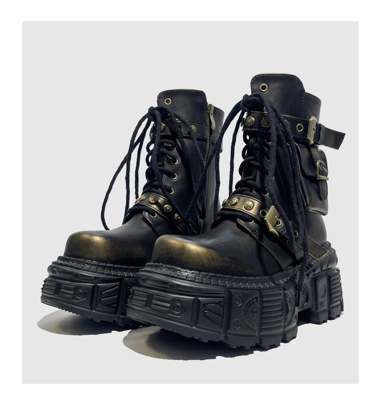 

2025 Spanish Trendy Brand Women Leather Dark Babes Punk Tactical Pocket Platform Knight Boots 9cm