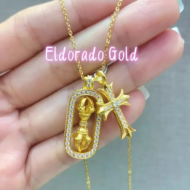 

Золотое ожерелье Eldorado Gold для женщин, 24-каратное золото (AU999), инкрустированное муассанитом, в стиле Ваджра-Пестле | 3D-модель бамбукового пестика, филигранный дизайн