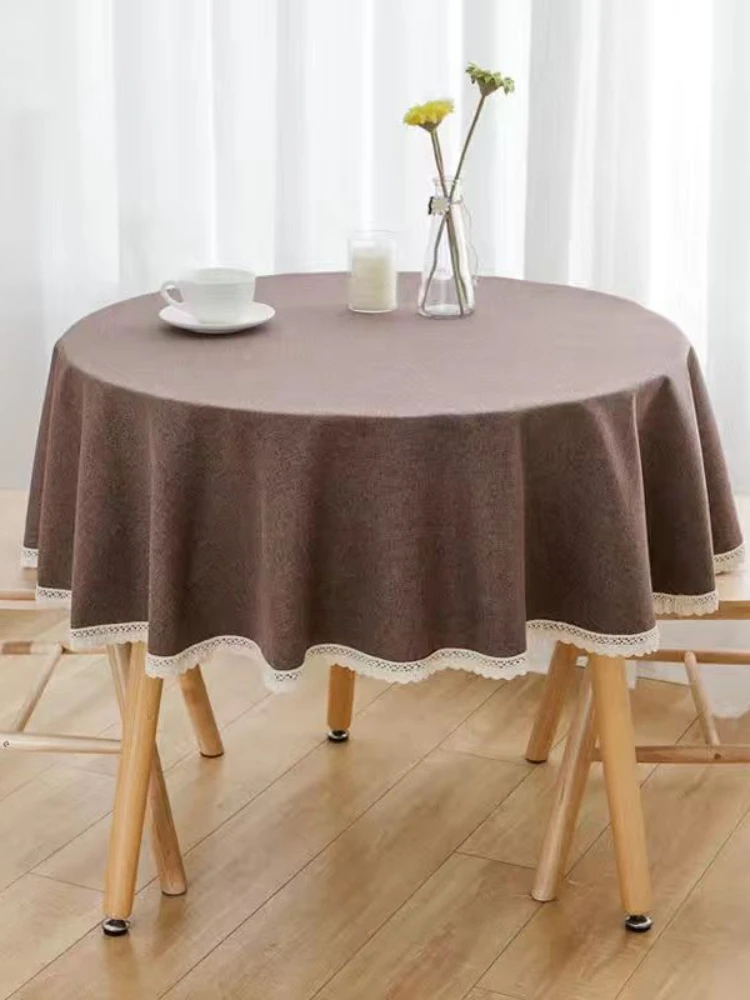 1PC Solid Color Round Tablecloth With Lace Cotton Linen Blue/Red/Gray/Pink Table Cloth Wedding Dining Tea Table Decoration Cover