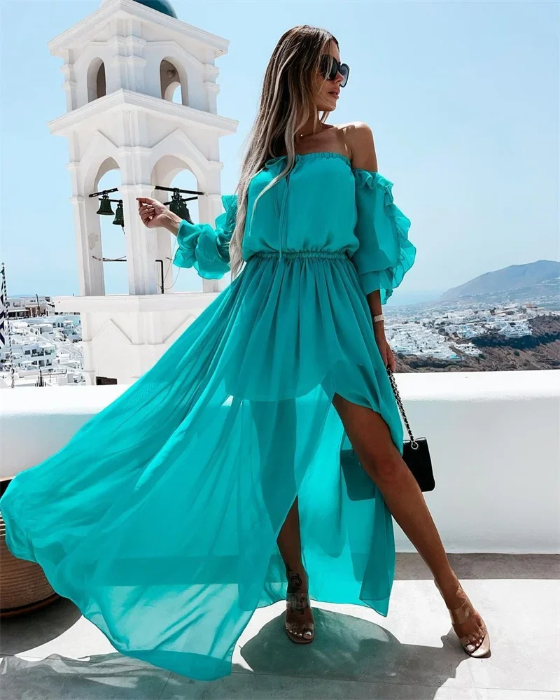 Bohemian Long Dress Women Off Shoulder Chiffon Dress Lace-up Solid Color Ruffle Beachwear Blue/Orange