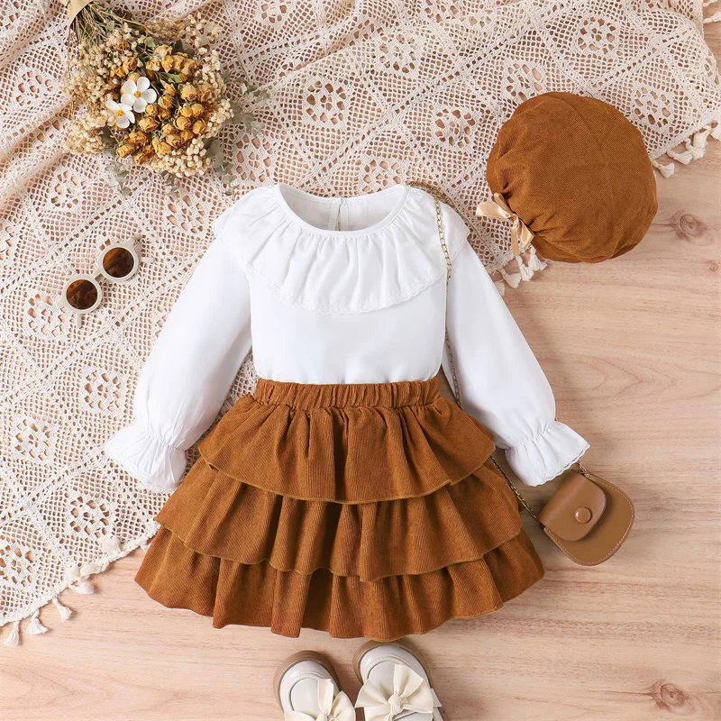 4-7Y Toddler Girl Fall Outfit Cute Doll Collar Long Sleeve T-Shirt Layered Ruffles Skirt Beret Hat 3pcs Children's Clothes Sets