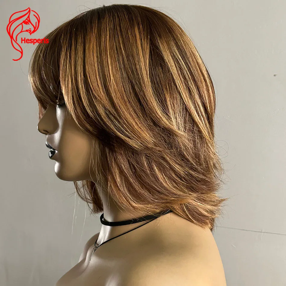 Hesperis Honey Blonde Highlight Full Machine Made Wigs Human Hair Brazilian Remy Short Bob Cut Wig With Bangs Scalp Top Ombre