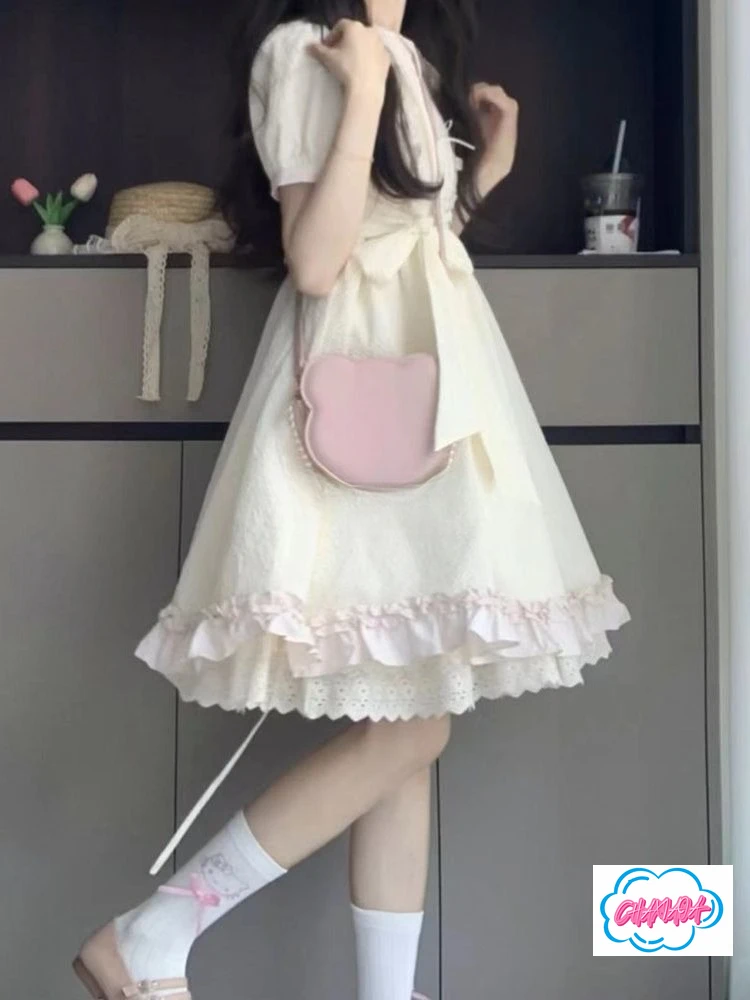 2025 verão doce estilo universitário arco cinta boneca colarinho lolita vestido feminino cintura e fina borda de folha de lótus fofo vestido de princesa