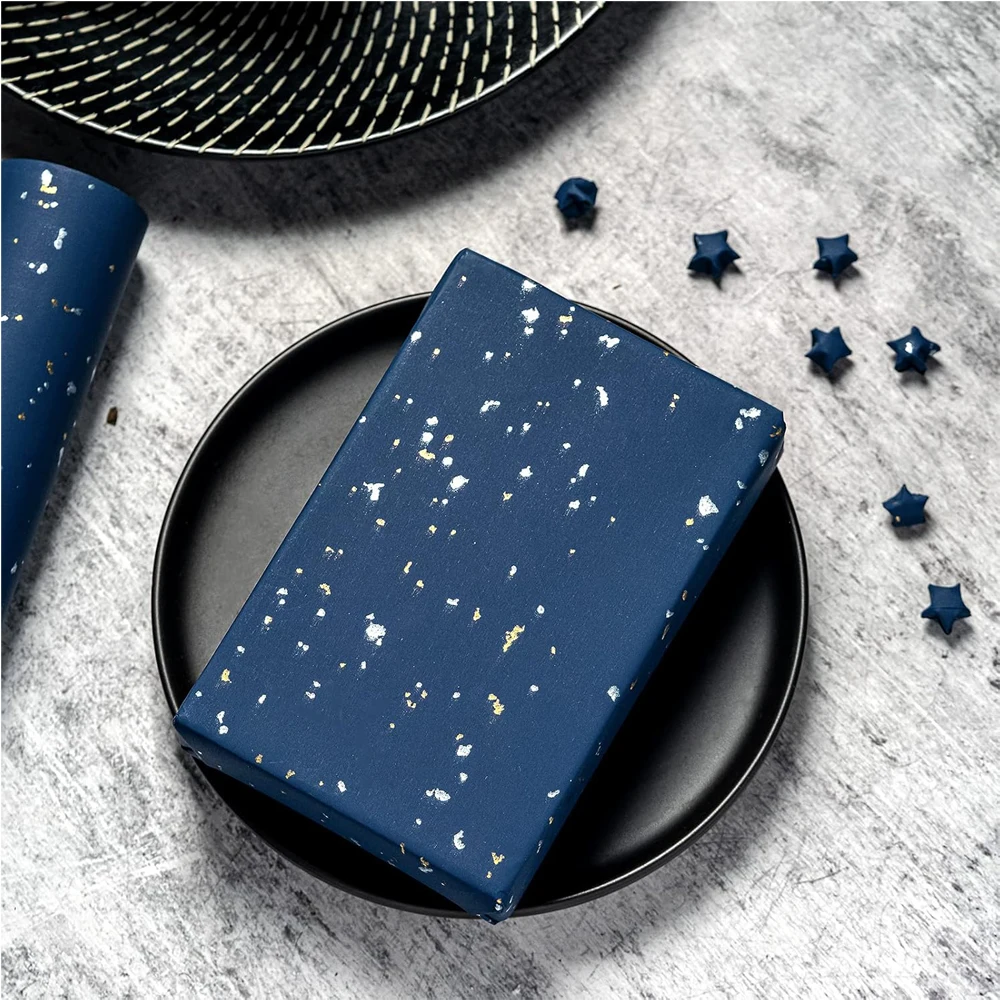 1roll Starry Night Wrapping Paper Elegant Blue Gold Foil Paper For Birthdays Festivals Wedding Party Gifts Wrapper