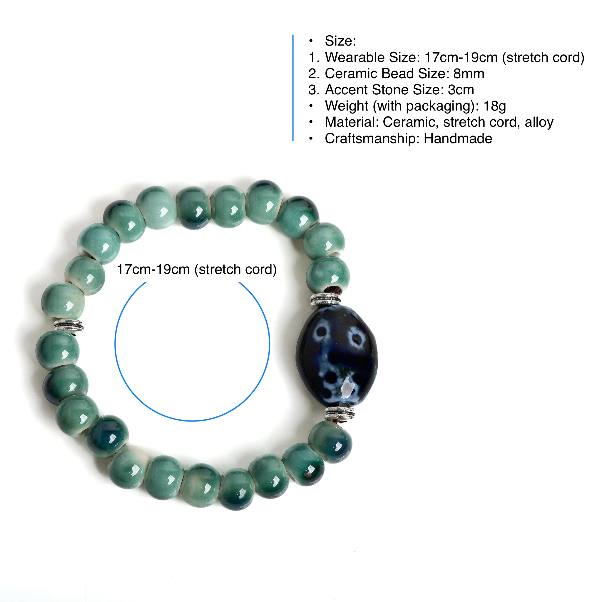 Green Ceramic Beaded Bracelet Handmade Stretch Bracelet with Blue Accent Stone Unisex Jewelry Vintage Style