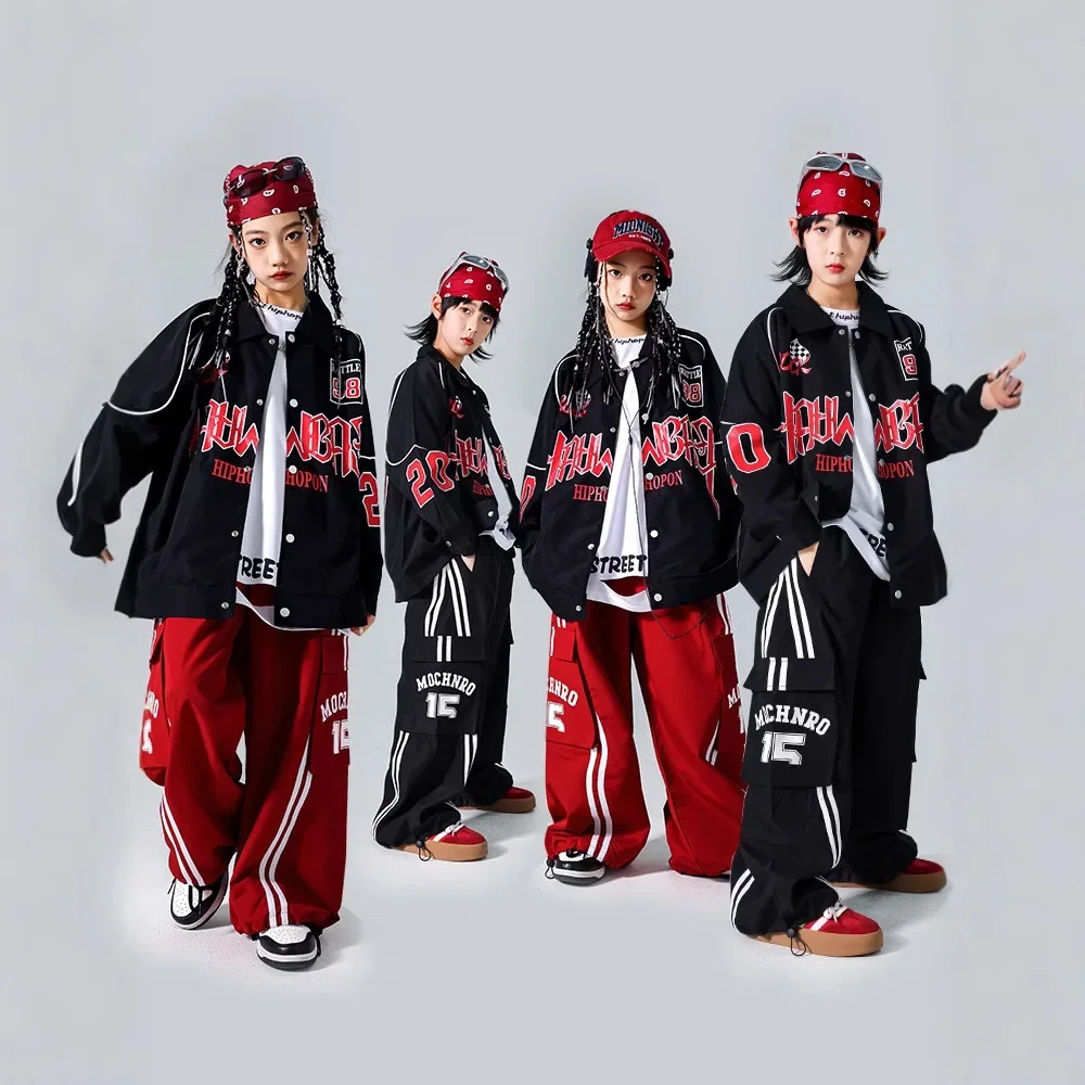 

Kids Hip Hop Clothing Oversize Sweatshirt Red Casual Strap Cargo Pants for Girl Boy Jazz Dance Costume Streetwear Clothes