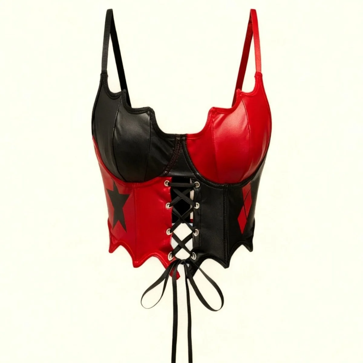 Gothic-Punk-Korsett-Top aus Kunstleder, Crop-Top mit Spaghettiträgern in Rot-Schwarz-Farbblock-Optik, Y2K-Alt-Ästhetik, sexy Streetwear – Detail 4