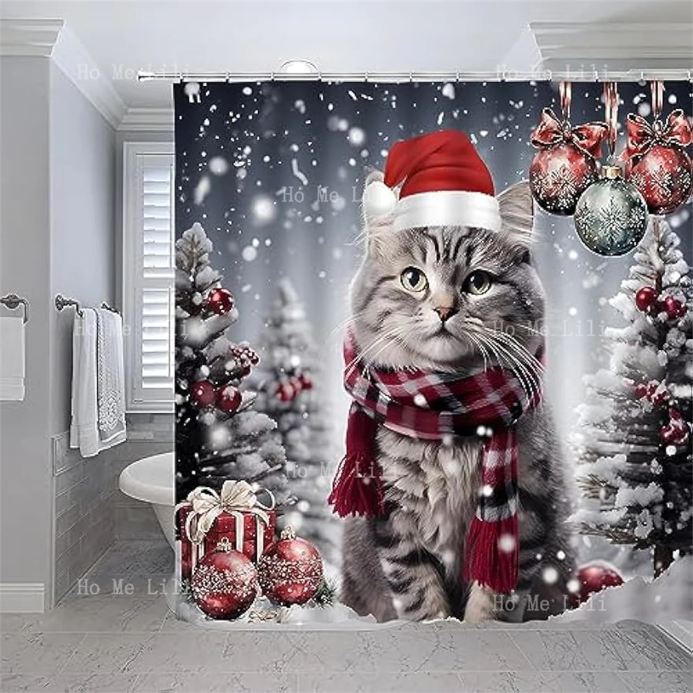 Merry Christmas Cute Cat Ball Rustic Winter Snow New Year Holiday Shower Curtain