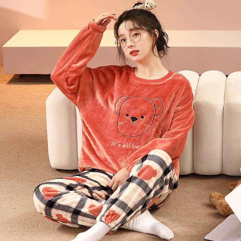 

Cute Bear Winter Pajamas Set For Women Kawaii Cartoon Sleepwear Long Sleeve Flannel Home Clothes 5XL Casual Warm Nightgown