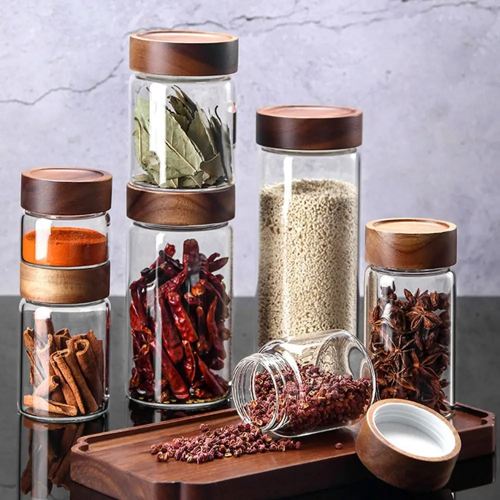 Glass Transparent Storage Tank Containers Acacia Wood With Lids Sealed Can Split Bottle Spice Jars Storage Pots