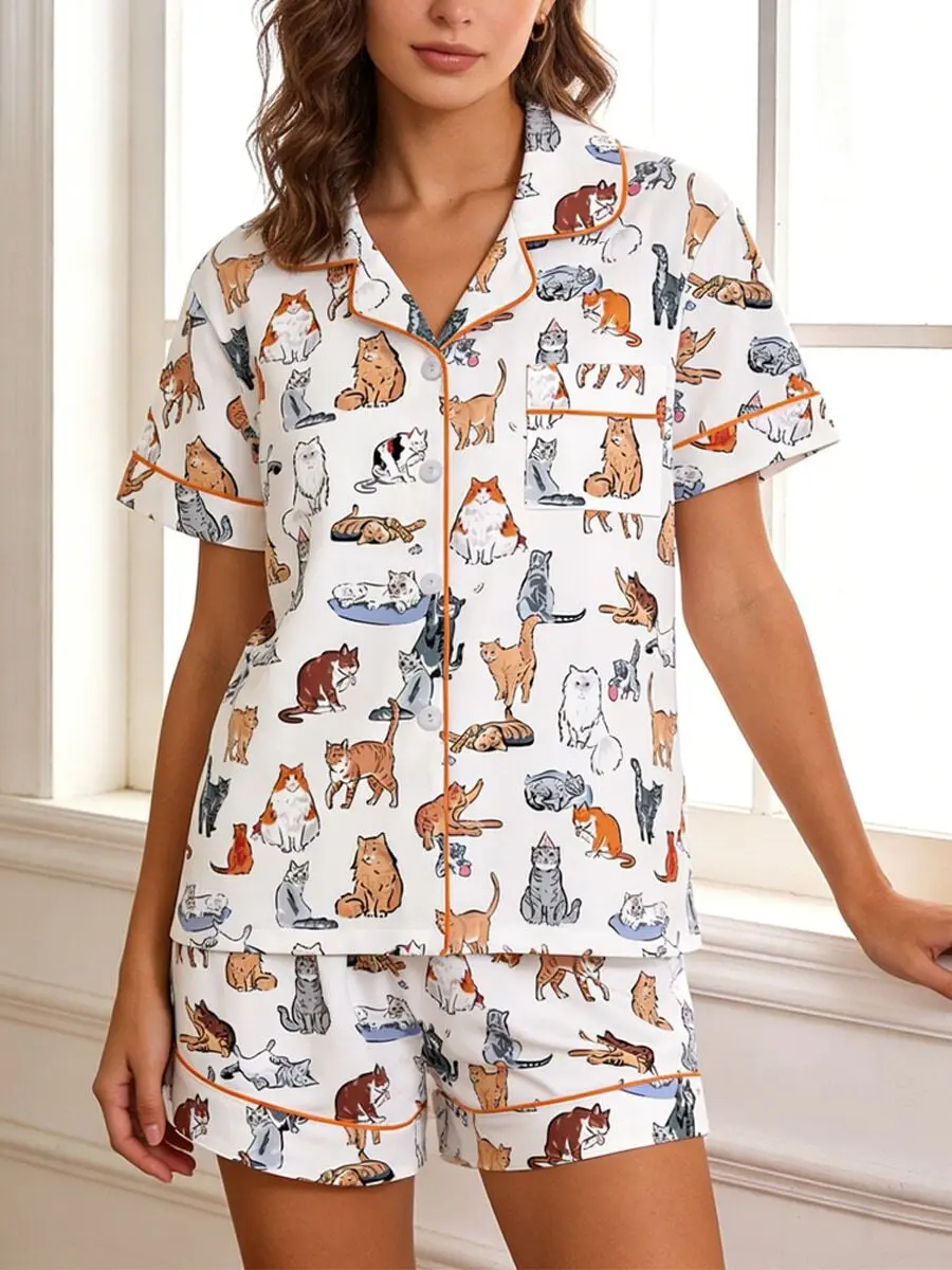 

2-Piece Womens Pajama Set Soft Cardigan With Cat Print Short Sleeved Shorts Home Sleepwear
