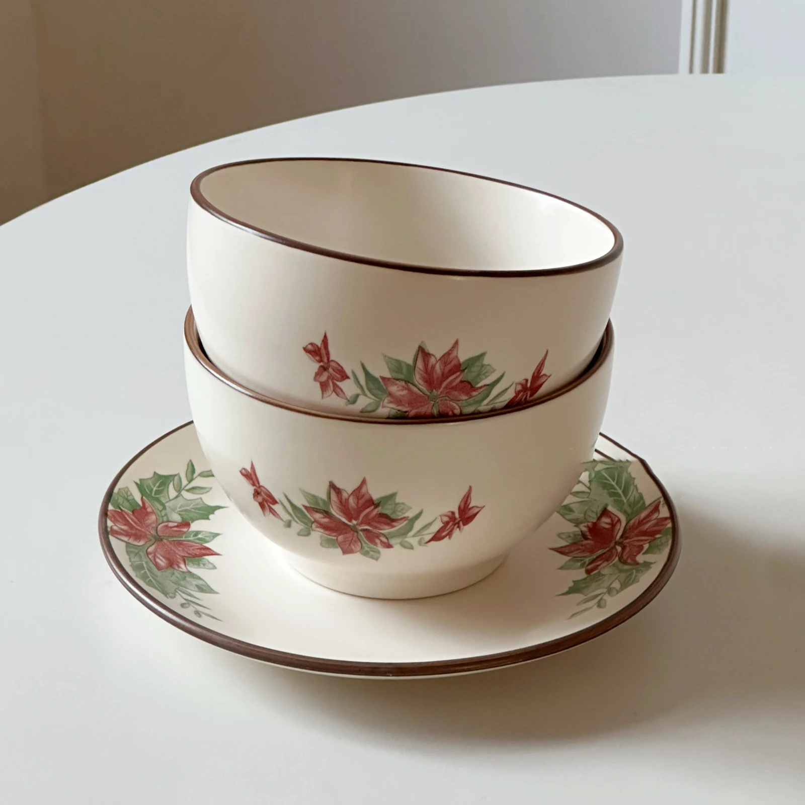 American Retro Flower Plate Household Underglaze Color Breakfast Oat Bowl Christmas Frosted Ceramic Brunch Tableware