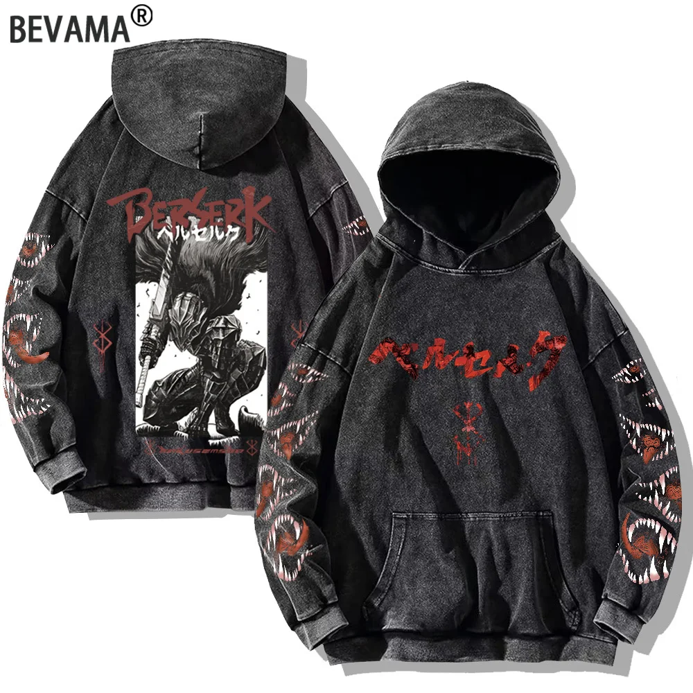 Berserk imprimé délavé sweats à capuche gothique Vintage coton sweat à capuche Y2k surdimensionné à manches longues pull hommes femmes rétro sweat à capuche